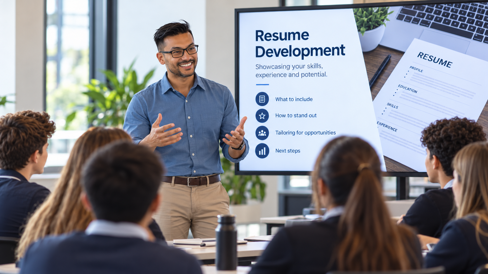 Eddie Freitas presenting a Resume Development workshop to students
